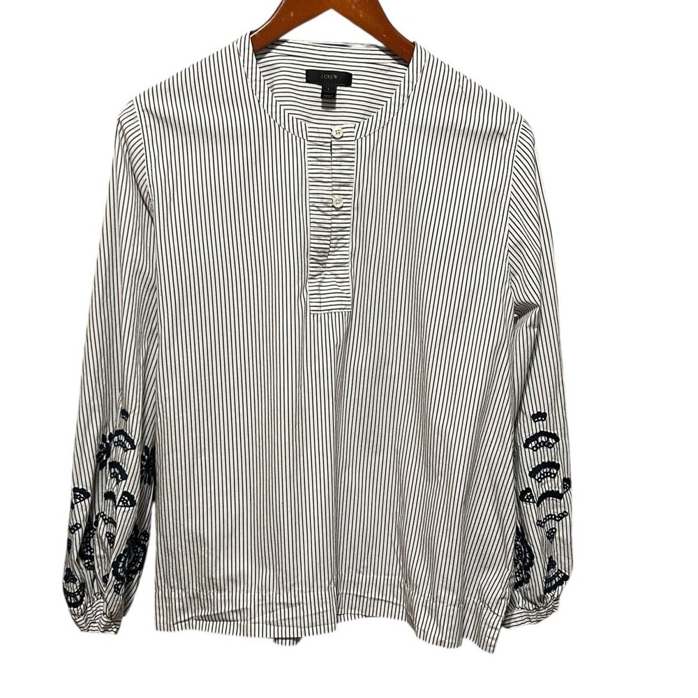 J Crew Womens Peasant Boho Cottage Top L Stripe Embroidered Tie Back Parisian